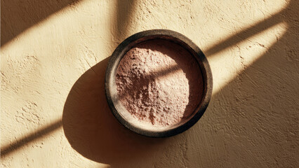 A dark bowl holds reddish-brown powder, possibly spice or clay, on a textured surface. Dramatic sunlight and shadows create a rustic, earthy ambiance.