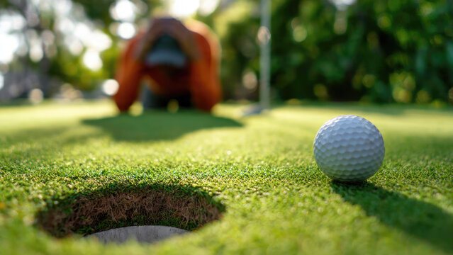 A golf ball nearly in the hole, with a clearly disappointed golfer kneeling in the background. Close call, sunny day, challenging putt.