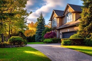 Beautiful suburban house surrounded by colorful autumn trees at sunset