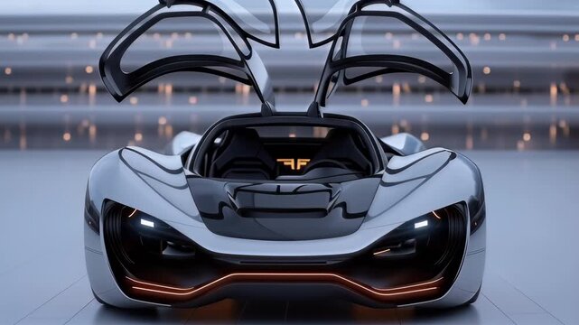 futuristic electric supercar in sleek showroom opening gullwing doors showcasing cutting edge automotive design innovation and luxury performance