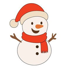 Cartoon Snowman Character. Funny Positive Christmas Holiday Symbol Icon. Happy Snowman Portrait for Winter Xmas or New Year Gift Decoration. Merry Christmas Celebration Greeting Element.
