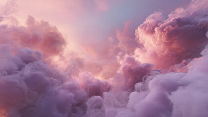 Dramatic and soft cumulus clouds painted in vibrant pink, purple, and orange hues during a stunning sunset or sunrise.