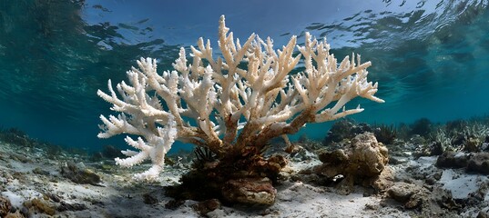 Staghorn coral bleached white underwater in shallow tropical ocean water near the sandy seabed, a sign of climate change