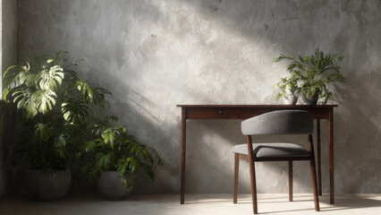 A minimalist interior with a wooden desk, gray chair, and lush potted plants against a textured wall, bathed in soft natural light.