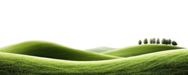 Lush green rolling hills with a group of trees in the distance