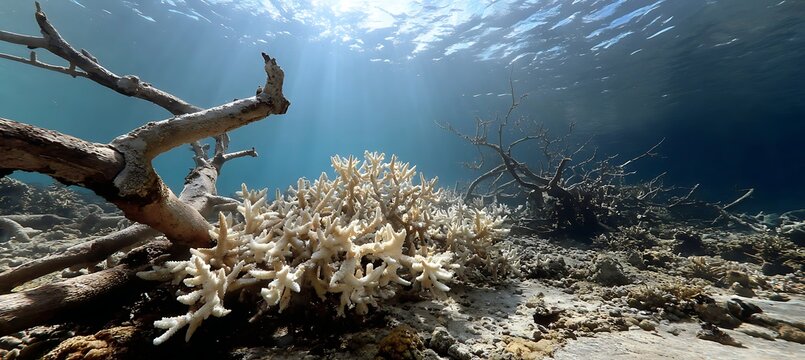 Underwater view of bleached white coral reef structure and dead branches under bright sunlit ocean surface