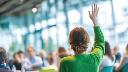 Woman in green sweater raises hand during a conference, actively participating in a group discussion or Q&A session.