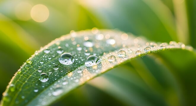 Dew drops on green leaf macro photography nature background fresh morning dew water droplets close up shot - Powered by Adobe