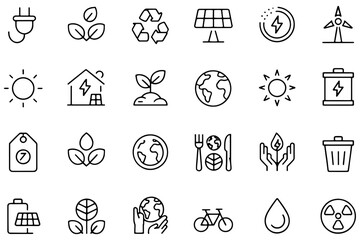 Set of eco and green energy icons simple line vector symbols for sustainable living isolated on white background