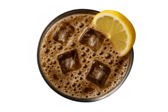 Refreshing cola soda drink in a glass with ice cubes and a lemon slice, top view shot, transparent background