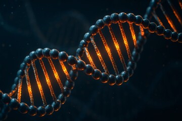 Glowing orange dna helix strand on dark background