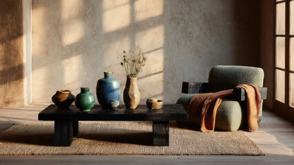 Earthy living room interior showcasing rustic pottery on a dark wood table, a plush armchair, and serene natural light.