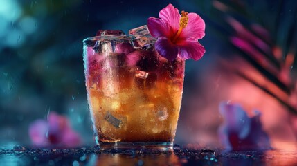vibrant layered cocktail with ice cubes and pink hibiscus flower, tropical summer drink, bright and colorful, glass condensation, exotic