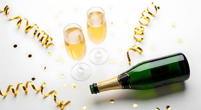Champagne bottle and two glasses with confetti and streamer