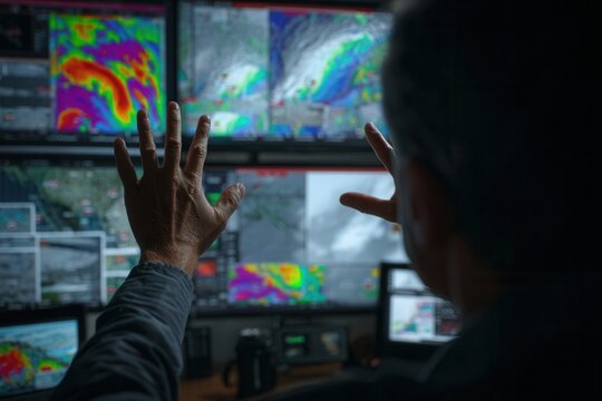 Male meteorologist analyzes severe weather patterns on multiple digital displays in dark control room. Concept of global climate monitoring and disaster prevention technology.