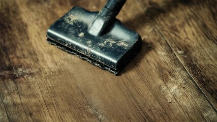 A black dust mop sitting on a wooden floor, ready for use
