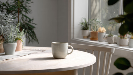 Fototapeta premium Serene indoor setting: a ceramic mug on a light wooden table, surrounded by potted plants and soft natural light from a window.