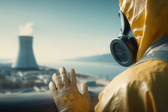 Person in yellow protective suit and gas mask looks at a distant nuclear plant. Scene suggests radiation danger or post-apocalyptic world. Ideal for environmental pollution concepts. - Powered by Adobe