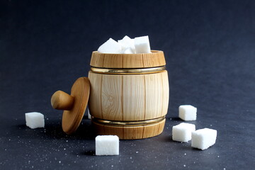 On a black background there is a wooden sugar bowl and a barrel with refined sugar.