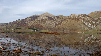 mountain landscape with lake and mountains