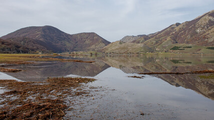 mountain landscape with lake and mountains
