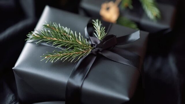 Video A mysterious gift wrapped in black paper and tied with a black ribbon, perfect for a surprise or special occasion