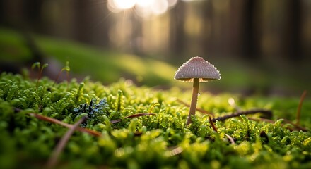 Mushroom photography: close up of a single mushroom in mossy forest floor with sunlight background nature photo