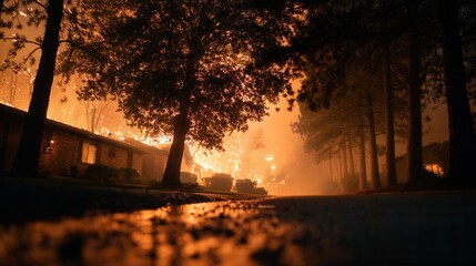 Intense wildfire rages behind silhouette trees and suburban homes at night. Dramatic scene of natural disaster and emergency evacuation. Perfect for news, climate change, and safety concepts.