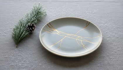 Elegant ceramic plate with golden cracks beside pine branch and cone
