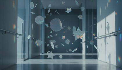 Colorful paper decorations hanging in bright hallway with sunlight
