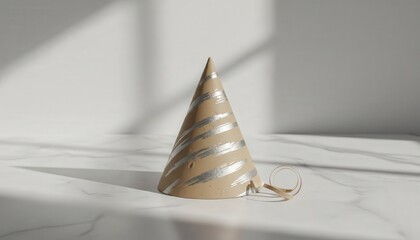 Party hat with metallic stripes on marble surface with sunlight shadows
