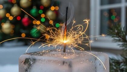 Sparkler igniting on ice block with Christmas tree in the background

