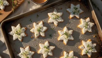 Star-shaped cookies decorated with icing and herbs on baking tray
