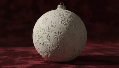 Elegant white Christmas ornament with intricate floral design on red background

