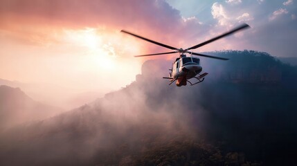 A helicopter flies over a mountain range covered in mist and smoke during a dramatic sunset. This scene conveys urgency and rescue operations, suitable for adventure or news concepts.