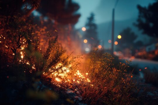 Close up of burning embers in dry grass against a blue twilight background. The scene captures a dramatic contrast of fire and night, suitable for disaster concepts or dramatic backdrops. - Powered by Adobe