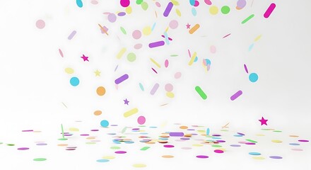 Colorful confetti falling and scattering on a white surface