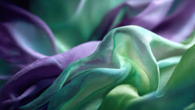 Abstract close-up of flowing sheer fabric in vibrant purple, green, and teal, showcasing soft drapes and delicate texture with gentle light. - Powered by Adobe