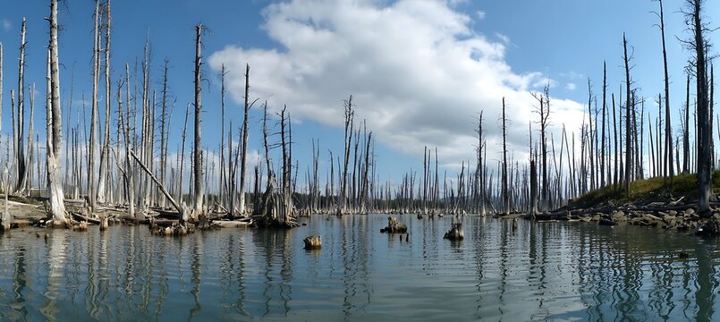 View across spirit lake showing numerous dead, standing tree trunks rising from the water under a partly cloudy blue sky