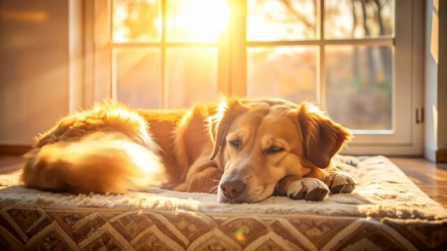 Golden Retriever Dog Resting Peacefully in Warm Sunlight by a Window.