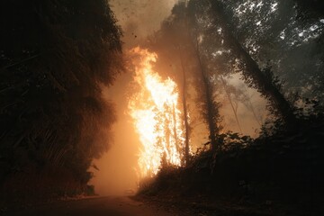 Intense forest fire engulfs tall trees near a road with heavy smoke and bright orange flames. A catastrophic scene illustrating environmental damage and climate change danger.