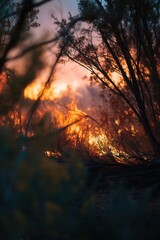 Naklejka premium Raging wildfire flames consume dry vegetation through dark branches. This scene conveys heat, danger and environmental destruction, suitable for ecology and climate change concepts.