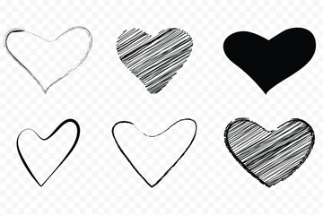 set of vector hearts. Different shapes of the romantic love symbol icon. Red and pink hearts. Festive graphic element for Valentine's day, wedding design. Red heart doodles set. Hand drawn hearts icon