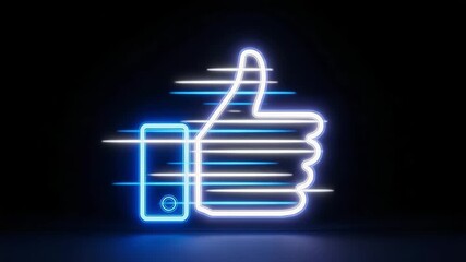 Neon thumbs up icon with fast light streaks on dark background motion animated video 4k - Powered by Adobe