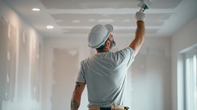 Builder installing drywall inside a new home, captured in a clean, modern interior with bright lighting, conveying professional renovation work, construction quality, and home improvement advertising.