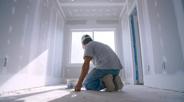 Builder installing drywall inside a new home, captured in a clean, modern interior with bright lighting, conveying professional renovation work, construction quality, and home improvement advertising.