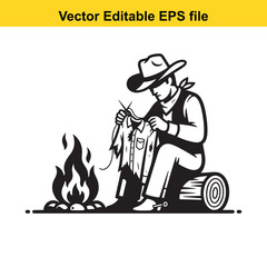 Naklejka premium Black and white vector illustration of a cowboy sitting on a log next to a campfire mending or sewing his shirt, isolated on