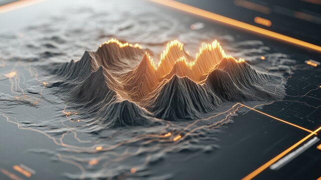 Digital landscape with glowing peaks and data lines, representing financial technology progress and information flow.