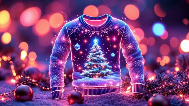 Luminous ugly Christmas sweater shimmering with neon lights and a decorated tree