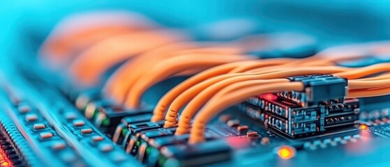 Digital network connections with orange cables and glowing lights, representing fintech advancement and data flow.